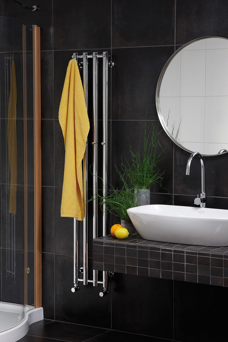 ICO Rosendal towel warmer, styled bathroom scene
