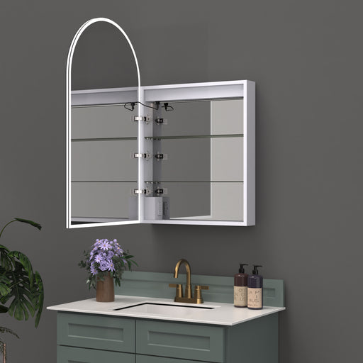ICO Fern IF2624 arched LED medicine cabinet with the door open showing glass shelves