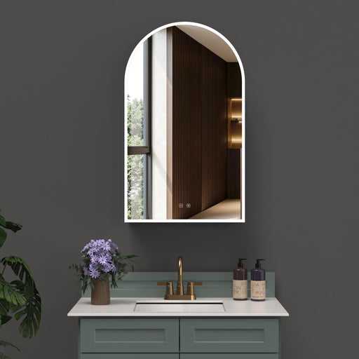 ICO Fern IF2624 arched LED medicine cabinet, 24 x 40 in, mounted above a bathroom vanity