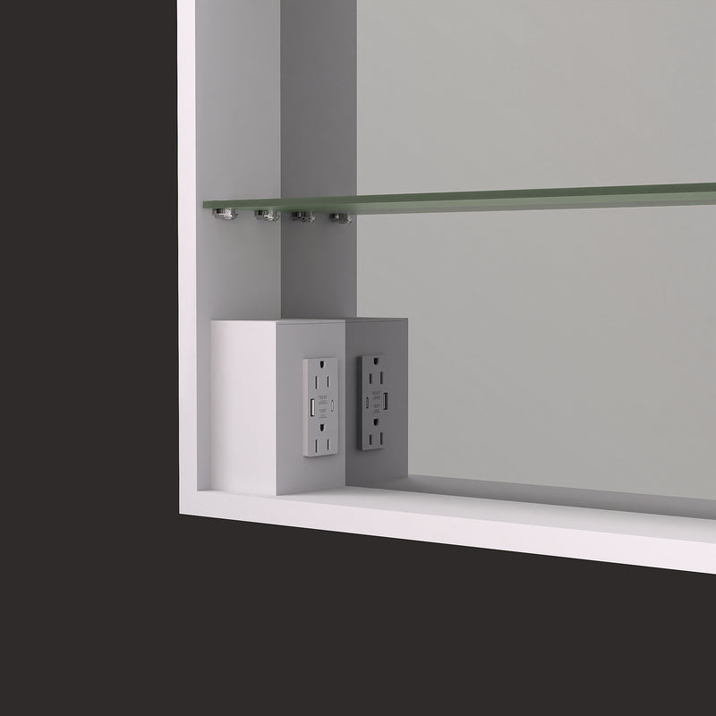 Interior of the ICO Fern IF2624 medicine cabinet showing the GFI protected outlet with USB