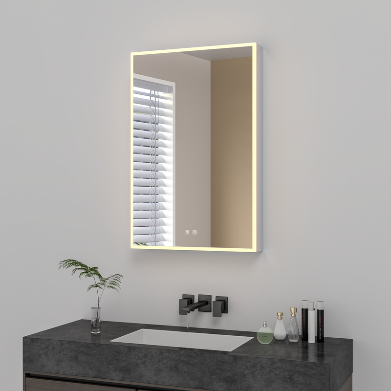 ICO Jackson IJ1114 right hand hinged LED medicine cabinet mounted above a bathroom vanity