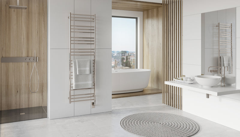 ICO Tuzio heated towel warmer styled in a modern bathroom