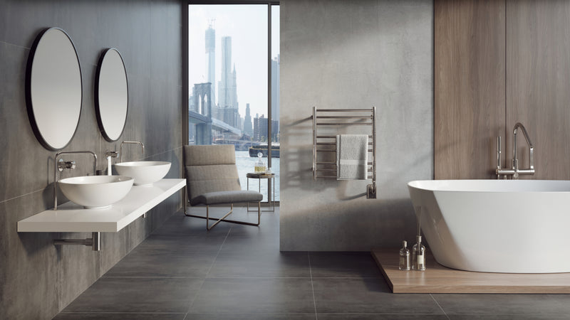 ICO Tuzio heated towel warmer in a spa style bathroom setting