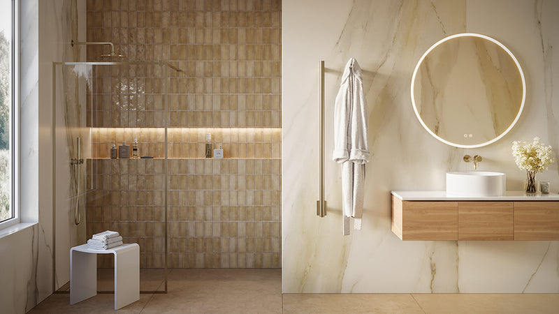 ICO Como electric hardwired towel warmer in Satin Brass, lifestyle bathroom scene