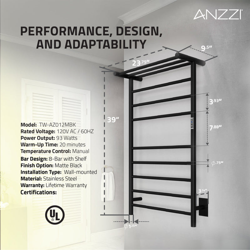 ANZZI Eve Series 8-Bar Towel Warmer with Top Shelf, Digital Control, Dual Installation