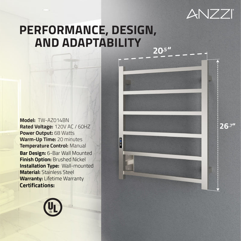 ANZZI Charles Series 6-Bar Wall Mounted Towel Warmer Dual Installation, Digital Control Panel