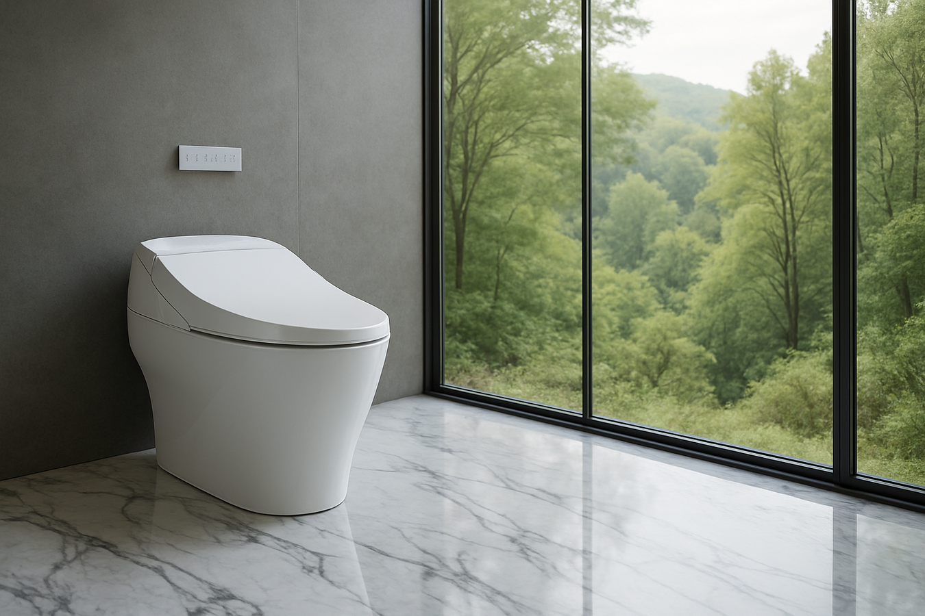 cna you create a a toto neorest style image in a luxrious marble floor and floor to ceiling window with nature in the  background, the toilet should have a wall behind it, can you make the image size suitable for a banner style? 1800 x 1000px. 