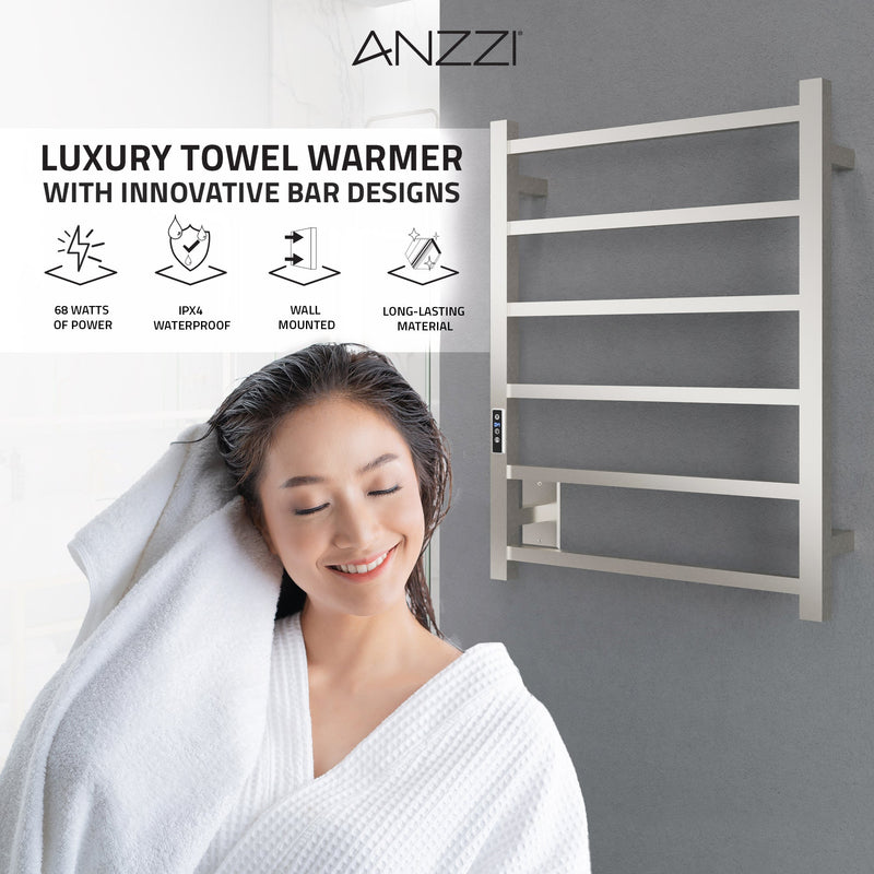 ANZZI Charles Series 6-Bar Wall Mounted Towel Warmer Dual Installation, Digital Control Panel