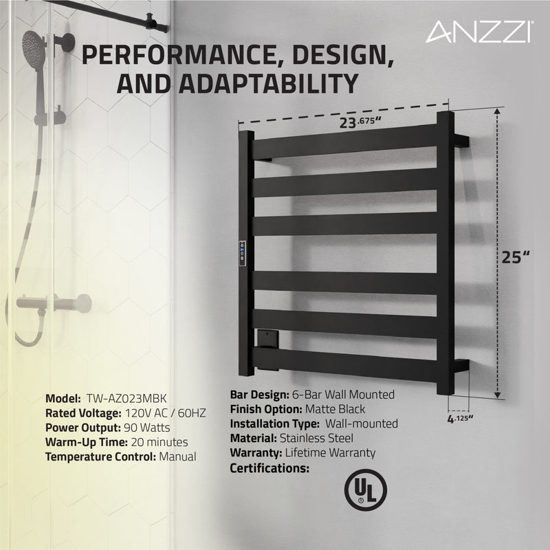 ANZZI Note Series 6-Bar Stainless Steel Wall Mounted Towel Warmer in Matte Black