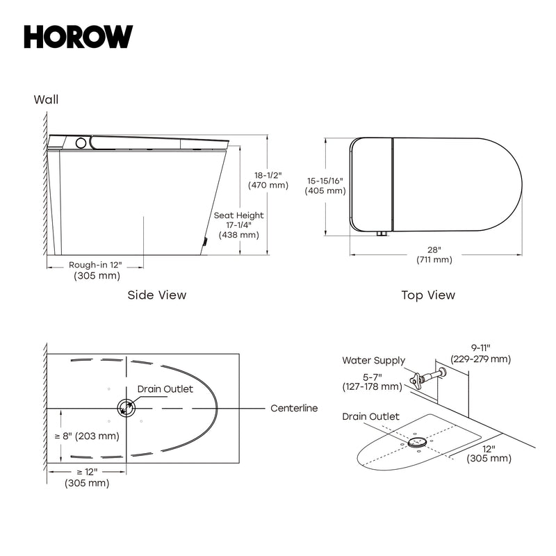 HOROW N30 bidet toilet dimensions spec sheet