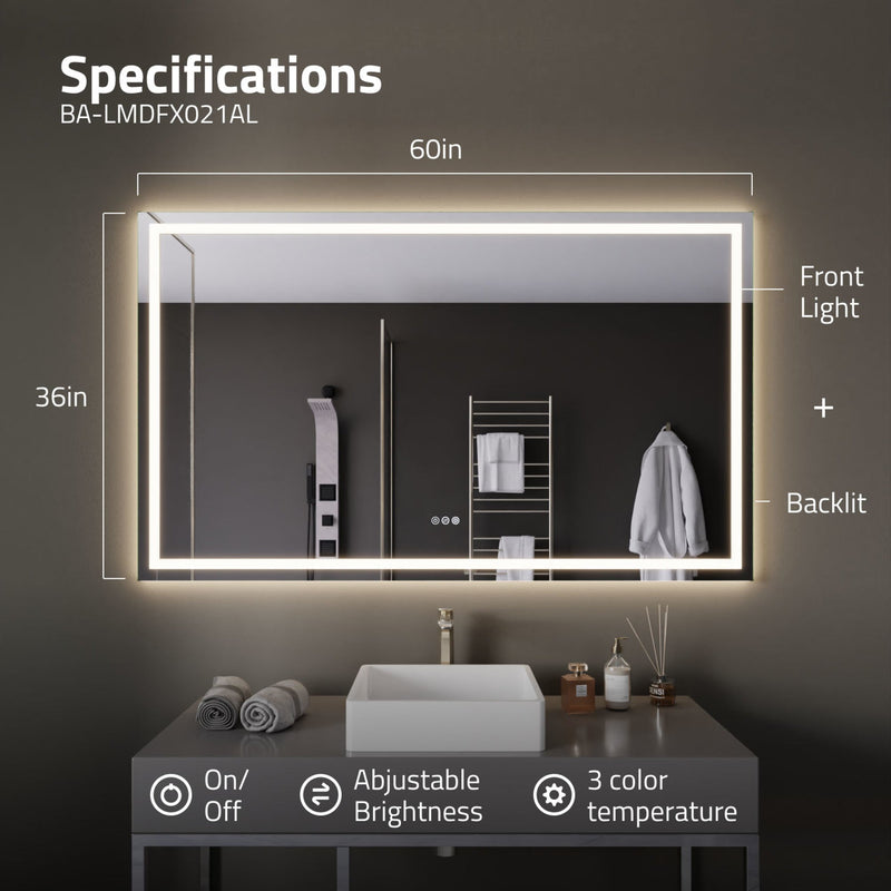 ANZZI Frameless LED Front/Back Light Bathroom Mirror with Defogger 36-in. x 60-in.