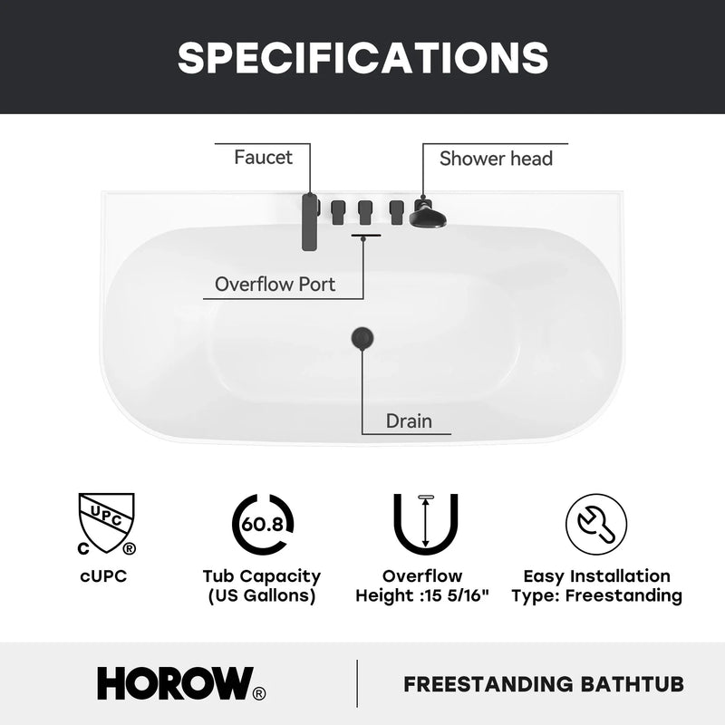 HOROW 59 Inch Acrylic Back to Wall Tub with Faucet and Shower Head Model SU59-MB