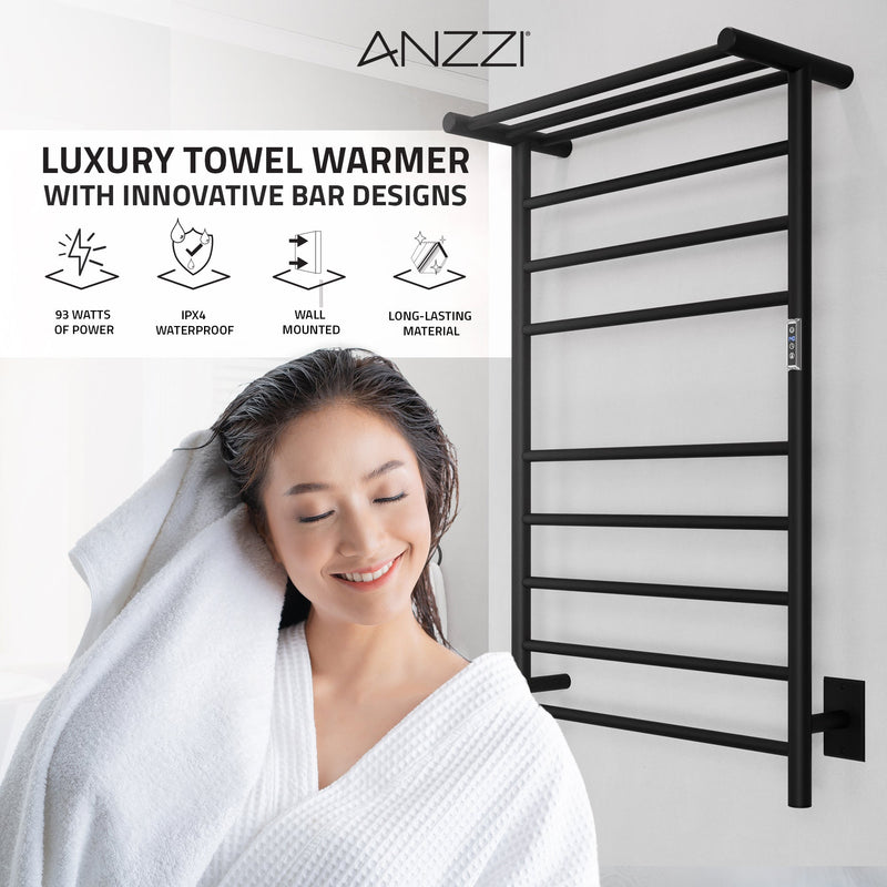 ANZZI Eve Series 8-Bar Towel Warmer with Top Shelf, Digital Control, Dual Installation