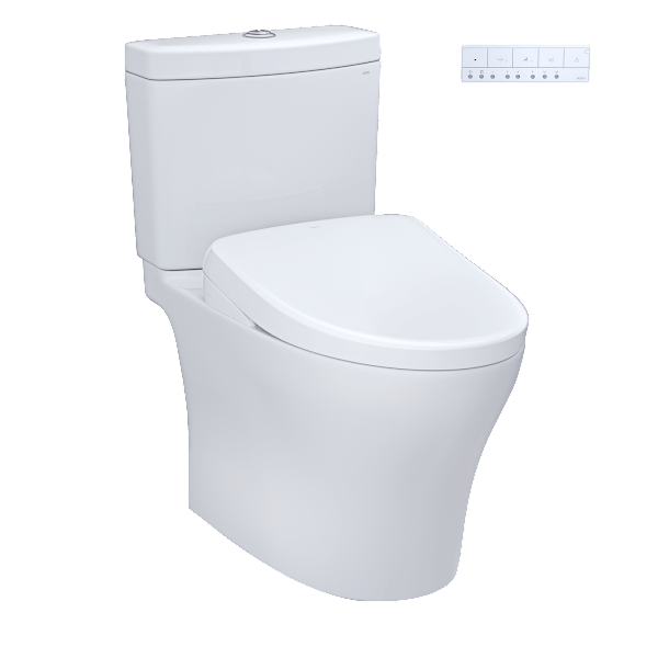 TOTO Aquia IV WASHLET+ S7 two piece dual flush toilet in cotton white, side view