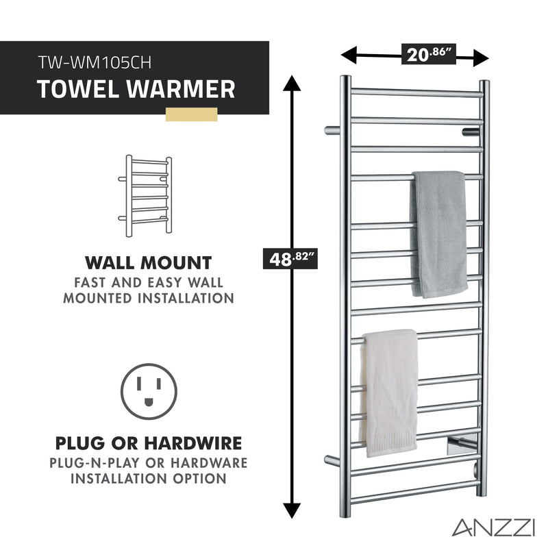 ANZZI Elgon Series 14-Bar Wall Mounted Towel Warmer (20.86" W x 48.62" H), Dual Installation (Hardwire/Plug-In), Quick Warm Time, Rhino Alloy Certified